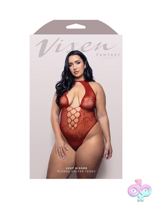 Red Floral Lace Plunge Halter Teddy In Queen Size By Fantasy Lingerie