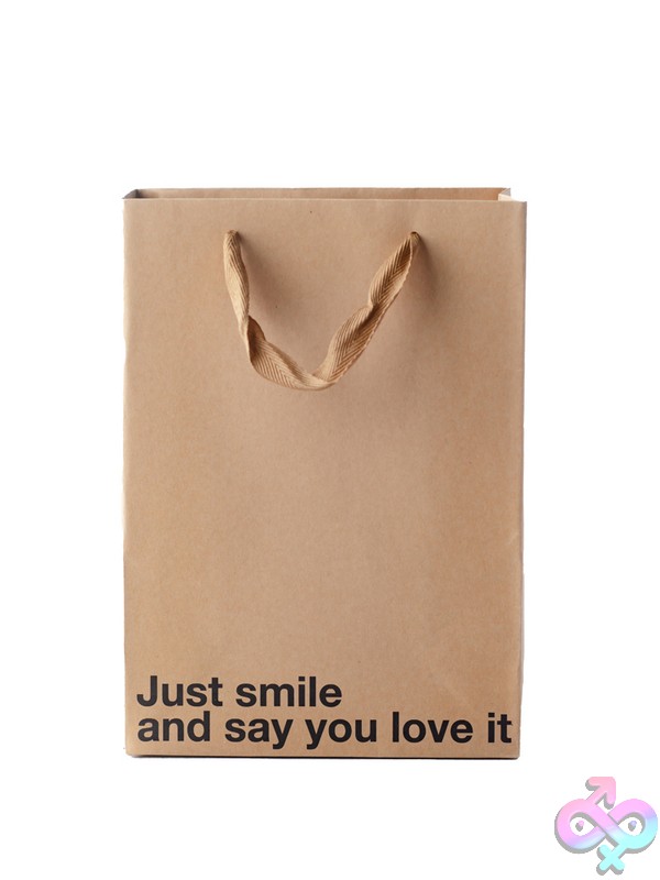 Discreet-Toys-Just-Smile-And-Say-You-Love-It-3-Pack-Bag-Nu-Bag3Pk-003 Beige Kraft Paper Snarky Gift Bags 3-Pack With Brown Ribbon Handles By Wood Rocket