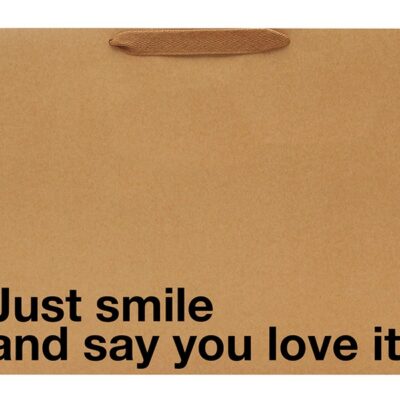 Large red humorous gift bag by Wood Rocket with bold printed text, shown standing upright