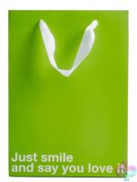 Just Smile & Say You Love It snarky green Kraft paper gift bag with white ribbon handle by Wood Rocket