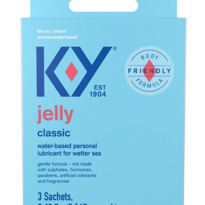 Clear water-based K-Y Jelly personal lubricant single-use sachets 3-pack by Paradise Marketing