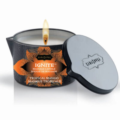 Ignite Tropical Mango Massage Candle 6 oz by Kama Sutra in decorative tin
