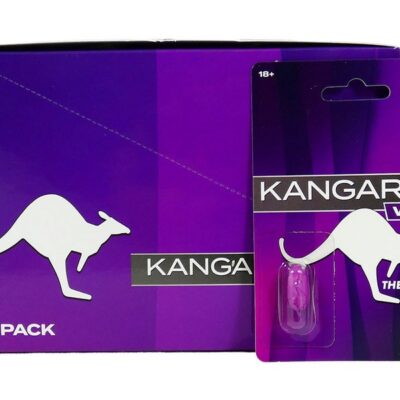 Kangaroo Violet 30-count arousal supplement display in purple packaging by Kangaroo