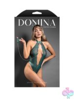 Pine green keyhole halter teddy with lace panels and detachable chain-link leash on a model