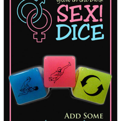 Glow in the Dark Sex Dice game set by Kheper Games — three glowing dice on black background