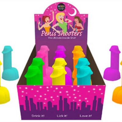 Neon Penis Shooters 12-piece display set by Kheper Games — multi-color novelty shot glasses