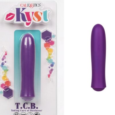 Kyst T.C.B. mini bullet vibrator in blue and purple satin finish on a soft neutral background