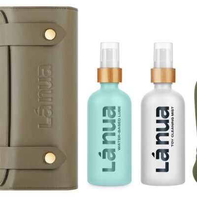 La Nua x Femme Funn couples gift bag with green silicone Ultra Bullet, toy cleaner, and water-based lubricant by La Nua