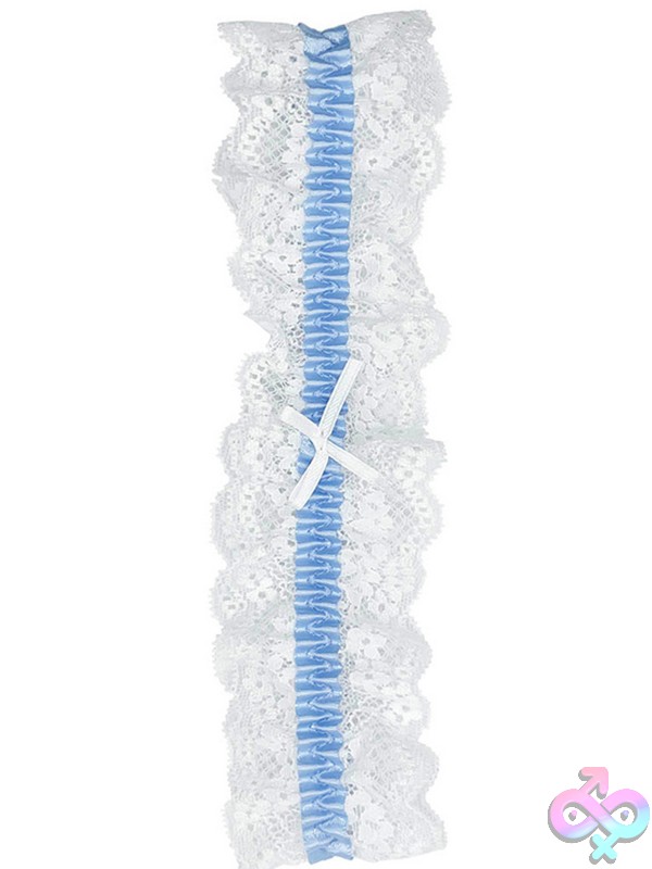 Discreet-Toys-Lace-Garter-White-Blue-O-S-Nu-Pop-117-Whbl-Os White And Blue Lace Garter With Bow Accent By Popsi Lingerie