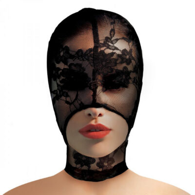 Lace Seduction Lace Bondage Hood Black by XR Brands — open mouth design, stretchy polyester lace