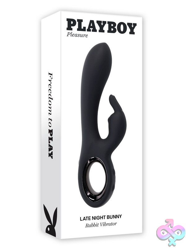 Discreet-Toys-Late-Night-Bunny-Nu-Pb-Rs-6251-2 Late Night Bunny Dual-Motor Rabbit Vibrator In Black Silicone With Chrome Ring Handle By Playboy Pleasure