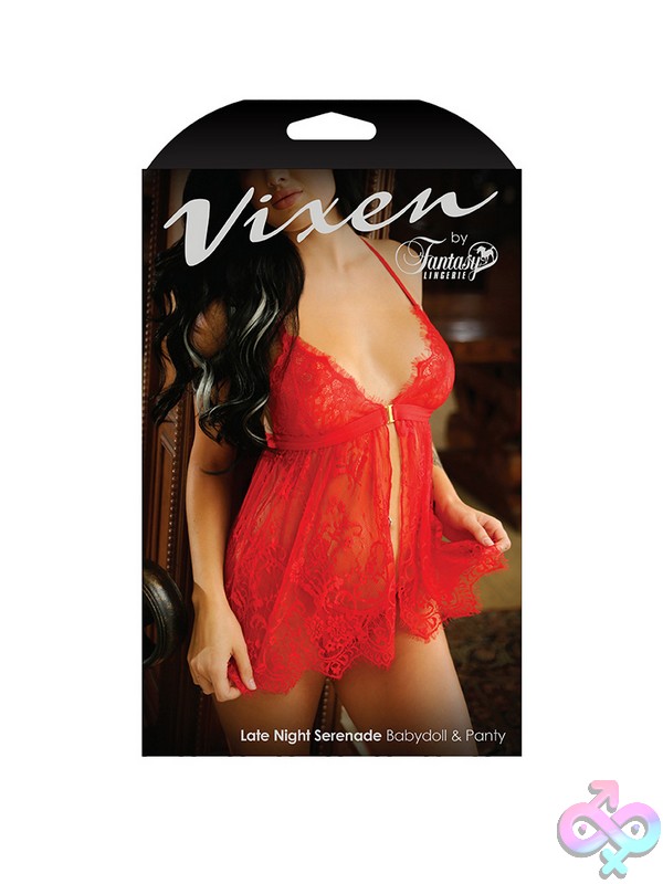 Discreet-Toys-Late-Night-Serenade-Babydoll-Panty-One-Size-Nu-V729-Red-Os-B Red Eyelash Lace Babydoll And Matching Crotchless G-String Set Laid Flat On A Neutral Background