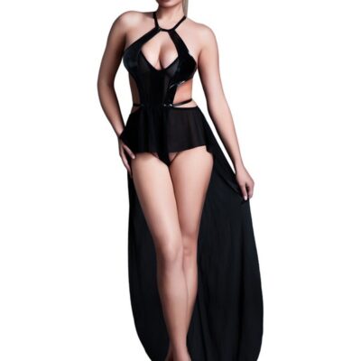 Black latex-look vinyl and mesh bodysuit with flirty skirt on a model, front view