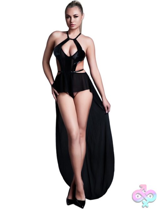 Black Latex-Look Vinyl And Mesh Bodysuit With Flirty Skirt On A Model, Front View