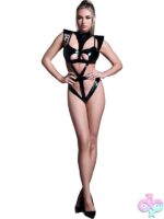 Black latex-look vinyl power bodysuit displayed against a dark background