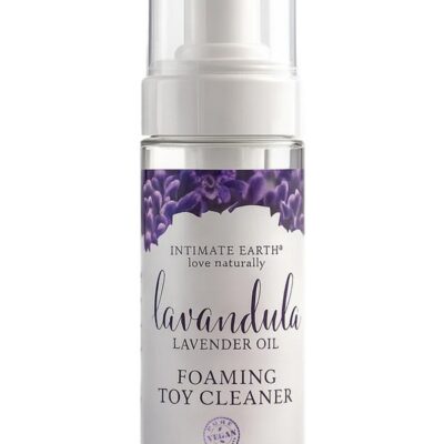 Clear foaming toy cleaner bottle with lavender and rosemary botanicals by Intimate Earth