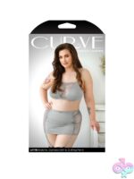 Three-piece gray lace-panel bralette gartered skirt and g-string lingerie set by Fantasy Lingerie