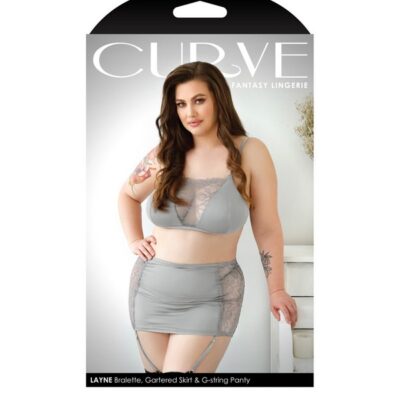 Three-piece gray lace-panel bralette gartered skirt and g-string lingerie set by Fantasy Lingerie