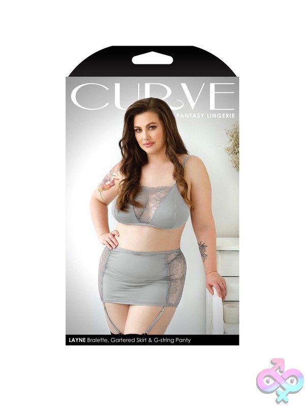 Discreet-Toys-Layne-Bralette-Gartered-Skirt-G-String-Panty-1X-2X-Nu-P647-1X2X-B Three-Piece Gray Lace-Panel Bralette Gartered Skirt And G-String Lingerie Set By Fantasy Lingerie