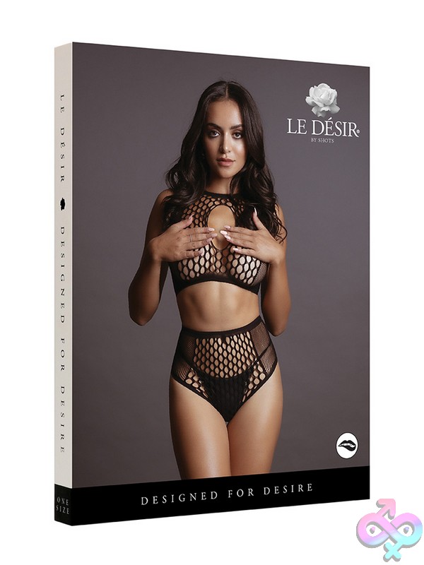 Discreet-Toys-Le-Desir-Duo-Net-Key-Hole-Bra-Set-Nu-St-Des027Blkos Black Fishnet And Fence Net Keyhole Crop Top Bra Set With High-Waisted Bottoms By Shots Toys
