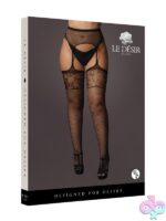 Black fishnet garterbelt stockings with lace top in plus size by Shots Toys Le Desir