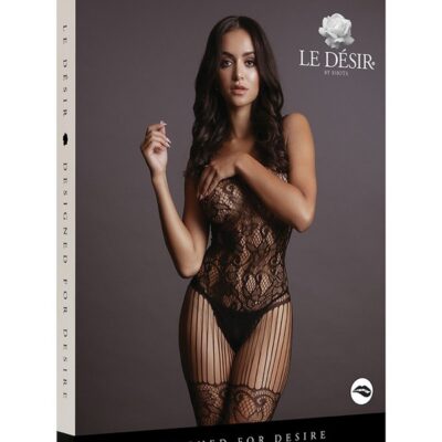 Black lace and fishnet bodystocking with shredded strap detail by Shots Toys