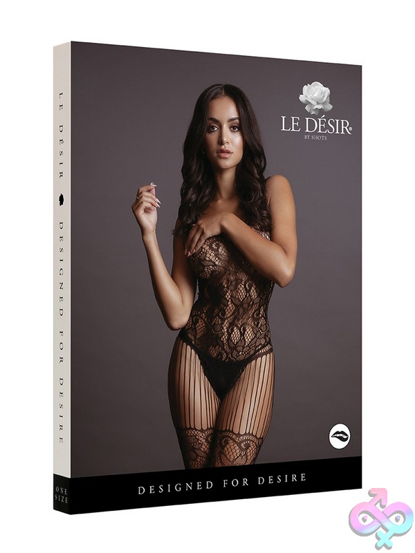 Discreet-Toys-Le-Desir-Lace-And-Fishnet-Bodystocking-Nu-St-Des011Blkos Black Lace And Fishnet Bodystocking With Shredded Strap Detail By Shots Toys