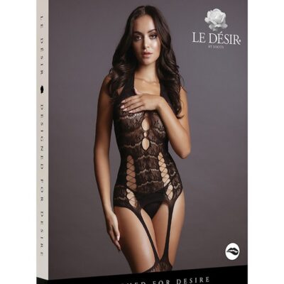 Opaque black lace suspender bodystocking with halter neck and criss-cross front accents by Shots Toys
