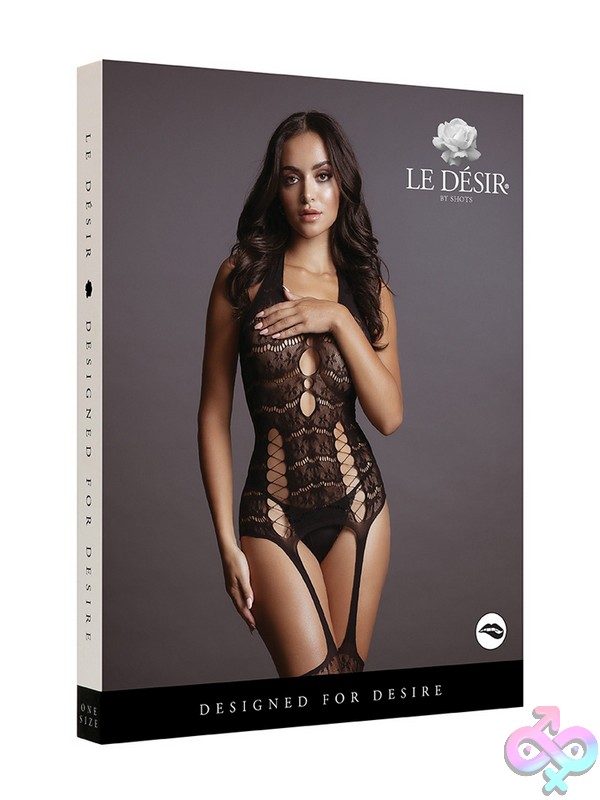Discreet-Toys-Le-Desir-Lace-Suspender-Bodystocking-Nu-St-Des014Blkos Opaque Black Lace Suspender Bodystocking With Halter Neck And Criss-Cross Front Accents By Shots Toys