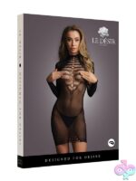 Long sleeve high-neck black fishnet dress with open neckline detail by Shots Toys
