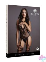 High-neck black fishnet suspender bodystocking with keyhole leg cutouts and backseam by Shots Toys