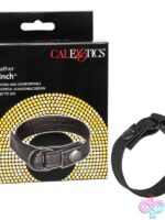 Adjustable black genuine leather erection enhancer with metal D-rings and nickel-free snaps by California Exotic Novelties