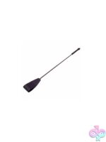 Rouge Garments genuine leather riding crop with hand-braided shaft shown in black and purple