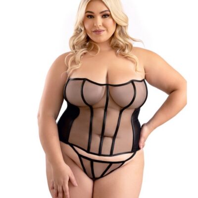 Black leatherette binding mesh corset and g-string queen size set by Fantasy Lingerie