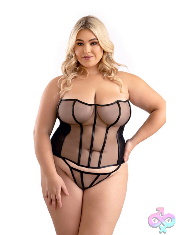 Discreet-Toys-Leatherette-Binding-Corset-G-String-Queen-Size-Nu-Fl3009Blk-2Xl Black Leatherette Binding Mesh Corset And G-String Queen Size Set By Fantasy Lingerie