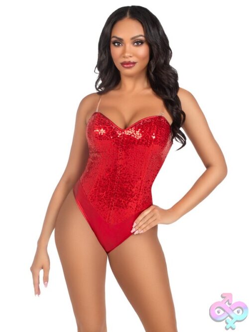 2 Piece Sequin Boned Snap Crotch Bodysuit Detachable Clear Straps