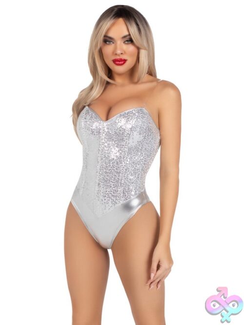 2 Piece Sequin Boned Snap Crotch Bodysuit Detachable Clear Straps