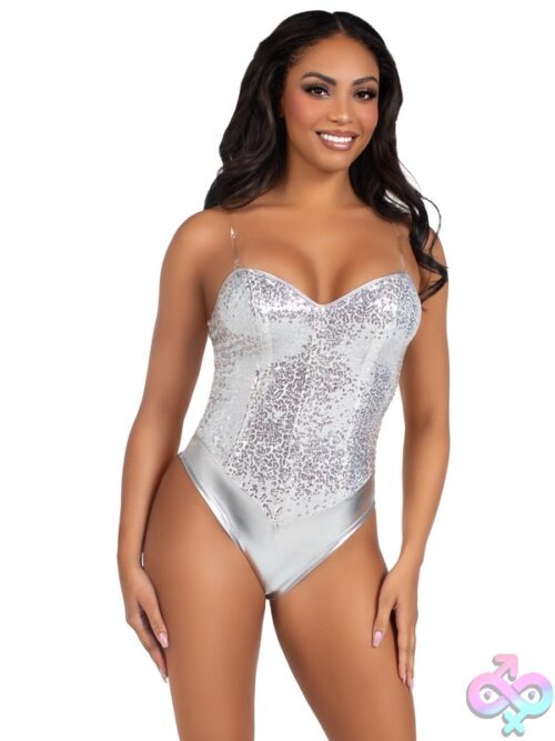2 Piece Sequin Boned Snap Crotch Bodysuit Detachable Clear Straps