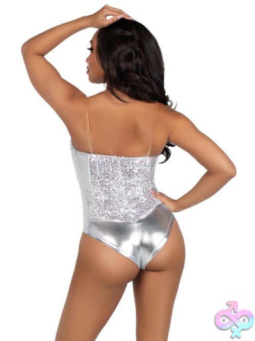2 Piece Sequin Boned Snap Crotch Bodysuit Detachable Clear Straps