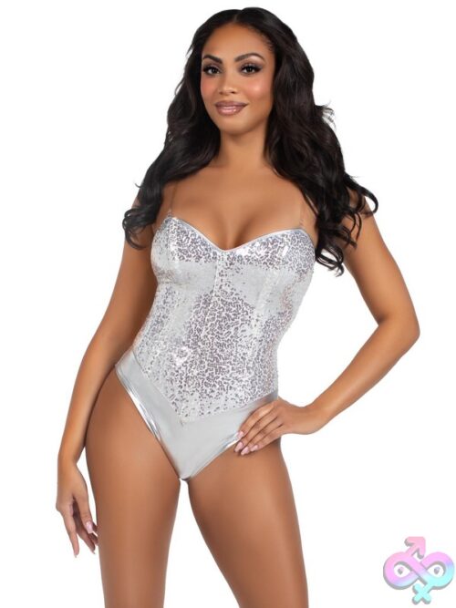 2 Piece Sequin Boned Snap Crotch Bodysuit Detachable Clear Straps