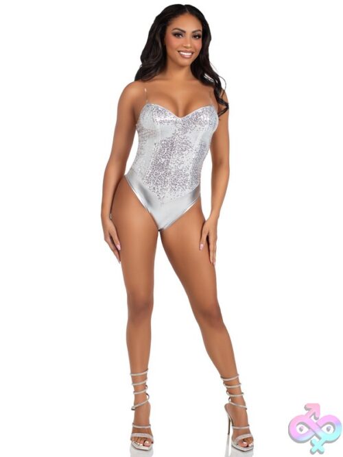 2 Piece Sequin Boned Snap Crotch Bodysuit Detachable Clear Straps