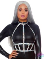 Iridescent Studded Vinyl Body Harness by Leg Avenue — strappy vinyl harness with iridescent studded detail