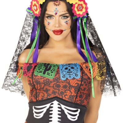 Day of the Dead Flower Head Piece Lace Veil by Leg Avenue — styled floral lace veil accessory