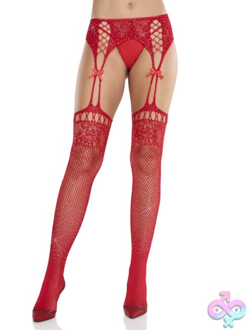 Rhinestone Lace Top Fishnet Stockings Attached Garter Belt And Satin Bow Accents