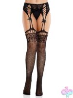 Rhinestone Lace Top Fishnet Stockings Attached Garter Belt and Satin Bow Accents