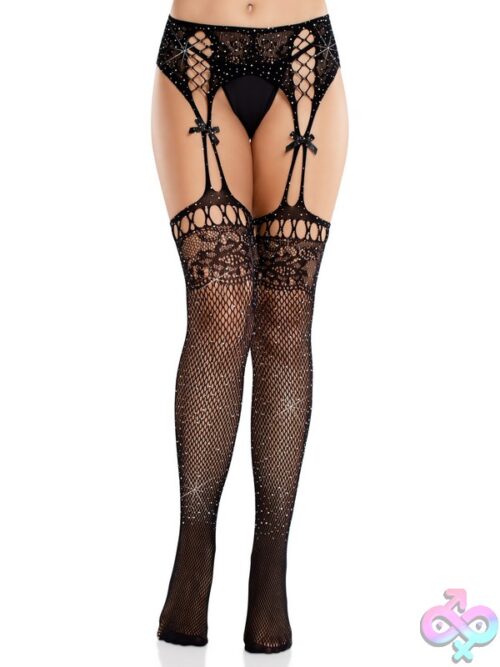 Rhinestone Lace Top Fishnet Stockings Attached Garter Belt And Satin Bow Accents