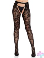 Open Back Eyelet Rose Lace Crotchless Tights by Leg Avenue