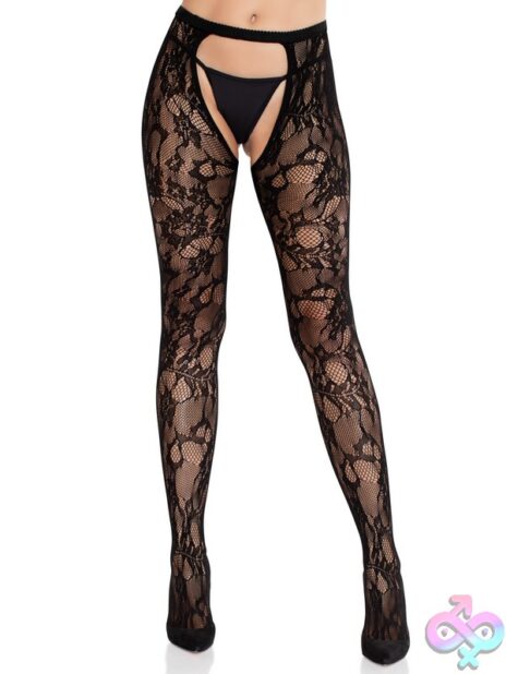 Open Back Eyelet Rose Lace Crotchless Tights by Leg Avenue