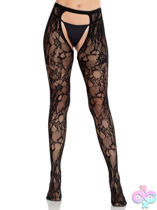 Eyelet Rose Lace Crotchless Tights Cheeky Open Back