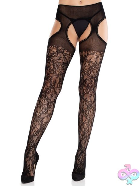 Scalloped Trimmed Cross Hatch Floral Lace Suspender Hose by Leg Avenue